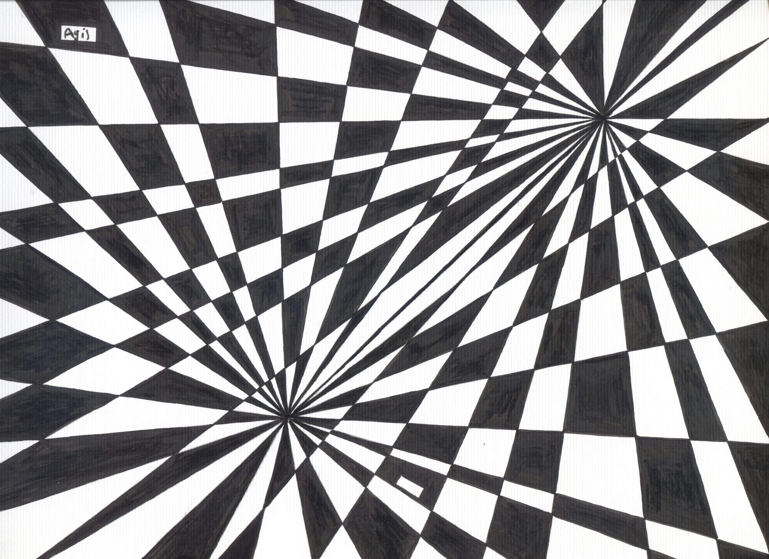 Black and white op-art: chequered facets radiate from two vanishing points, upper right and lower left, like a warped tiled floor.