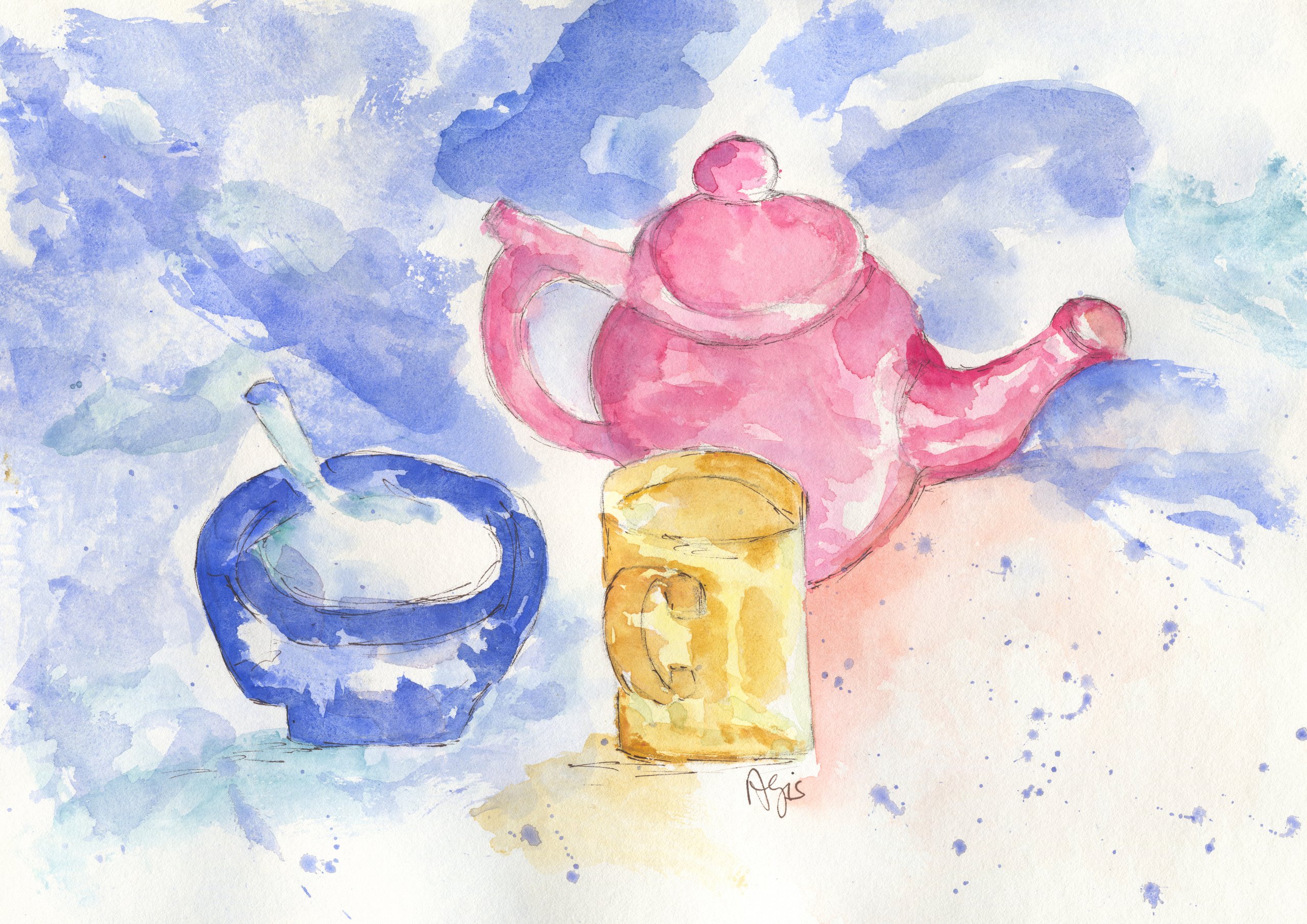 Watercolour still life: a pink teapot, a blue sugar bowl with a spoon and a yellow mug on loose blue washes.