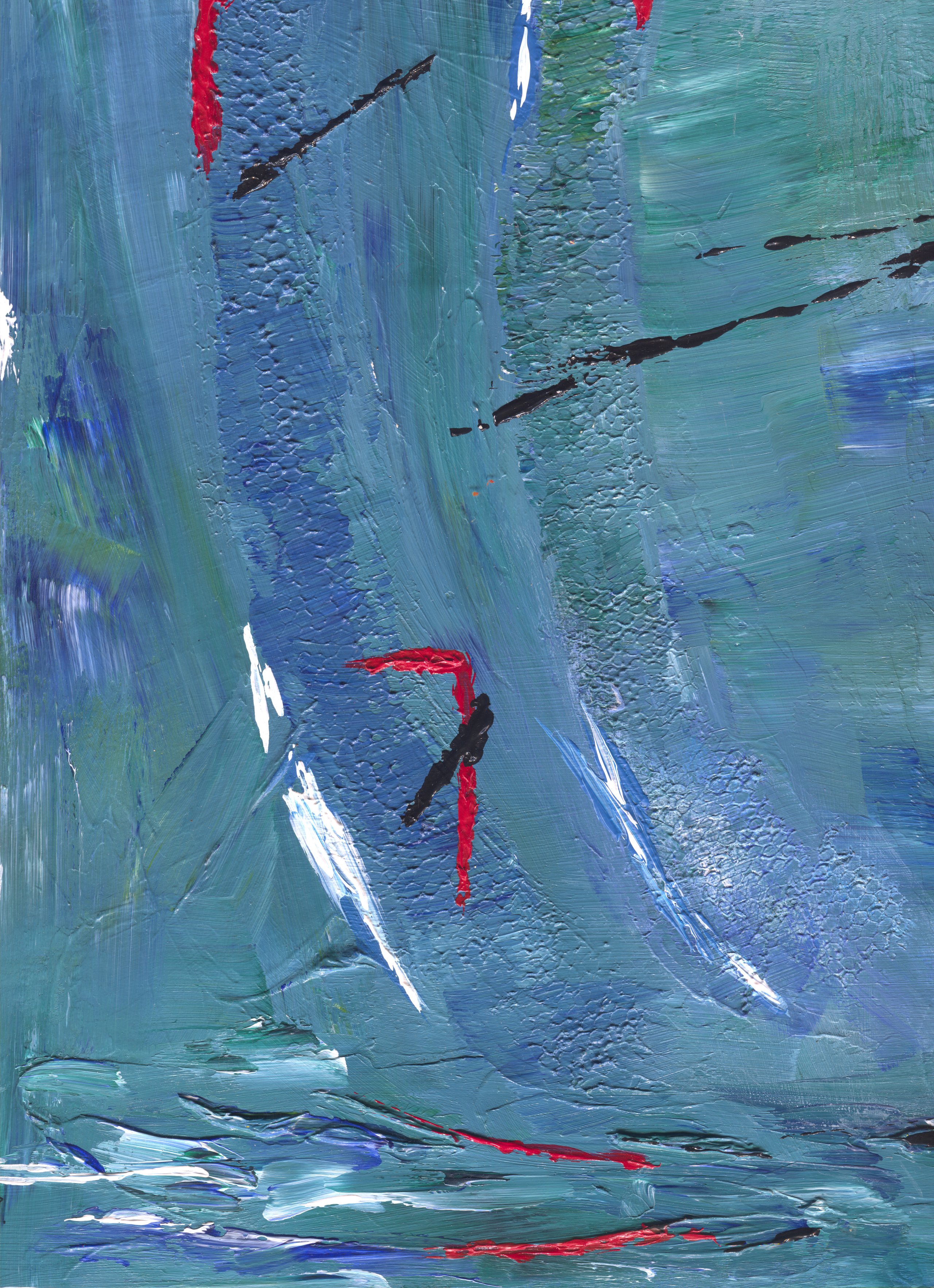 Blue-green textured abstract: white slashes and short red and black marks over a rippled ground, with a dark rippled base.