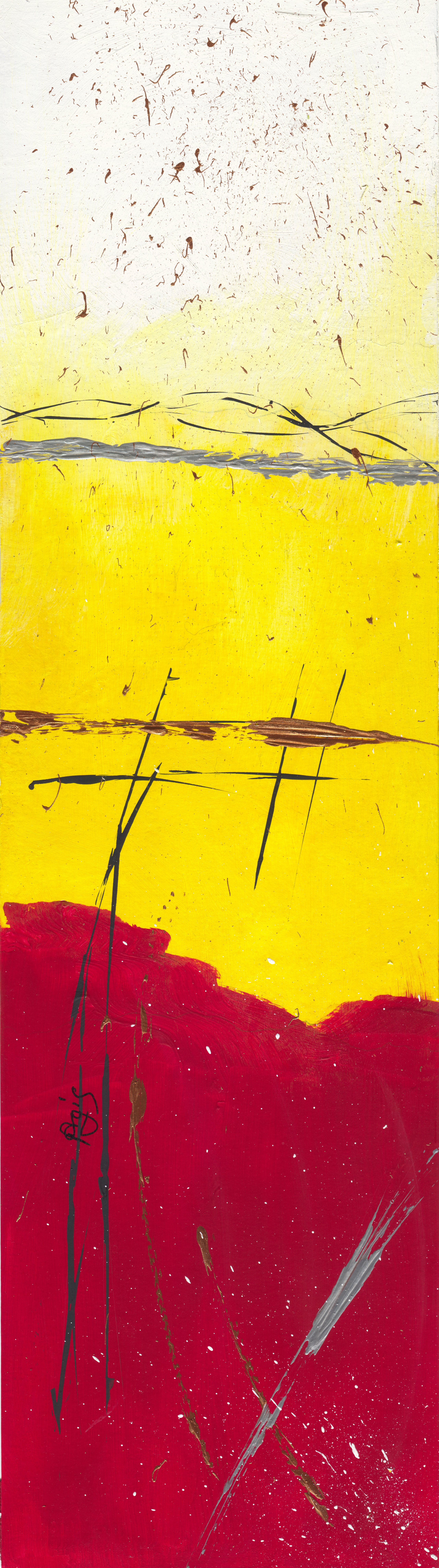 Tall abstract in three bands: white spattered with brown, hot yellow crossed by grey and black strokes, and a deep red foot streaked with silver.