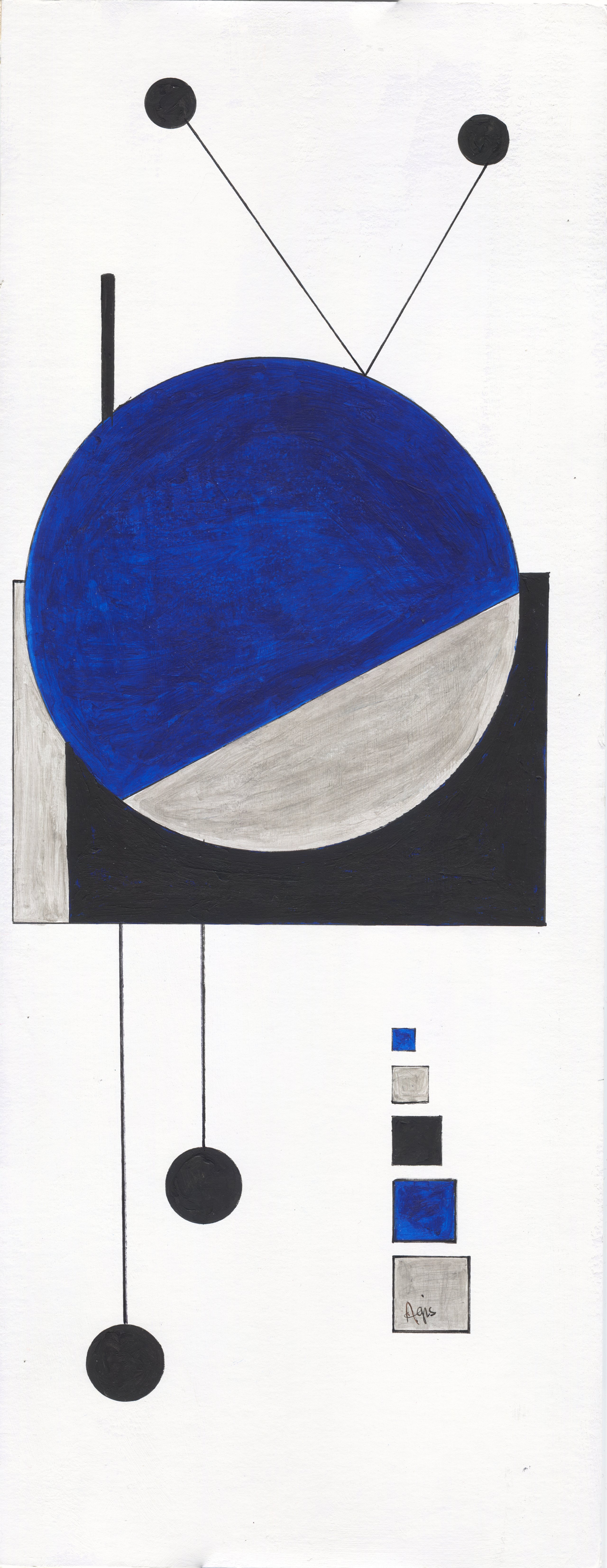 On a white ground, a deep blue disc with a silver-grey segment sits on a black block, two lines rising to black dots like a satellite's antennae, black discs hanging below and a column of small squares at the right.
