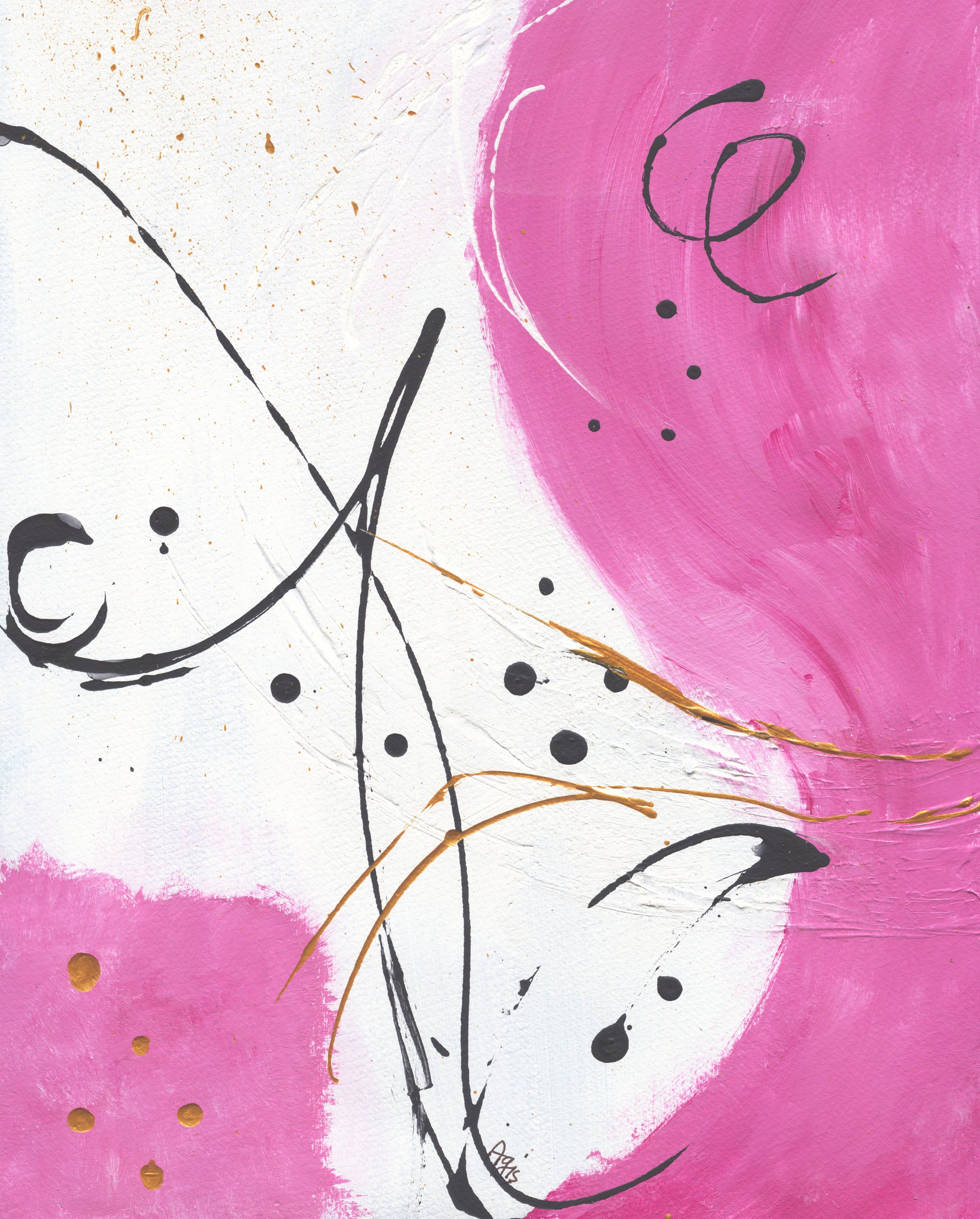 Pink and white abstract: black looping lines, black dots and gold streaks cross where a pink field meets white.